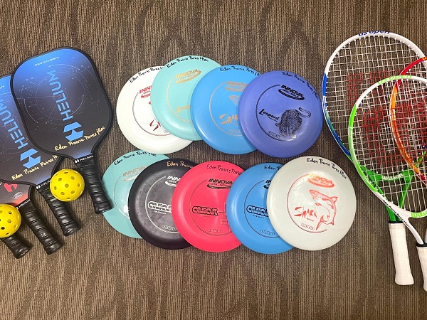 Pickleball, disc golf and tennis rackets