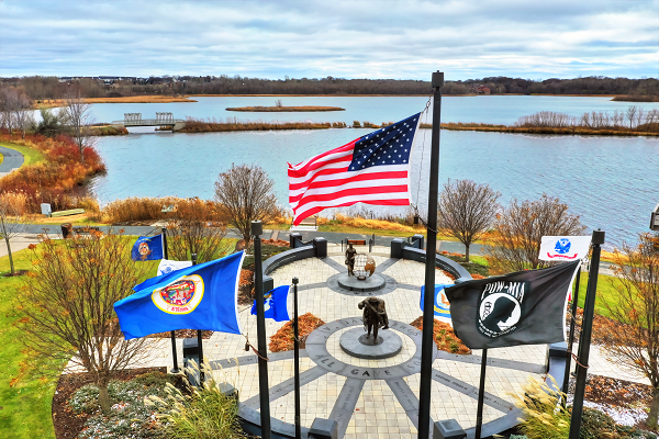 EP Veterans Memorial Aerial photo with US, State of MN and POW flags