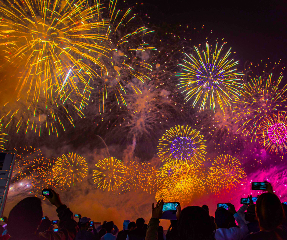 Silhouette of people taking cell photo pictures of dazzling fireworks