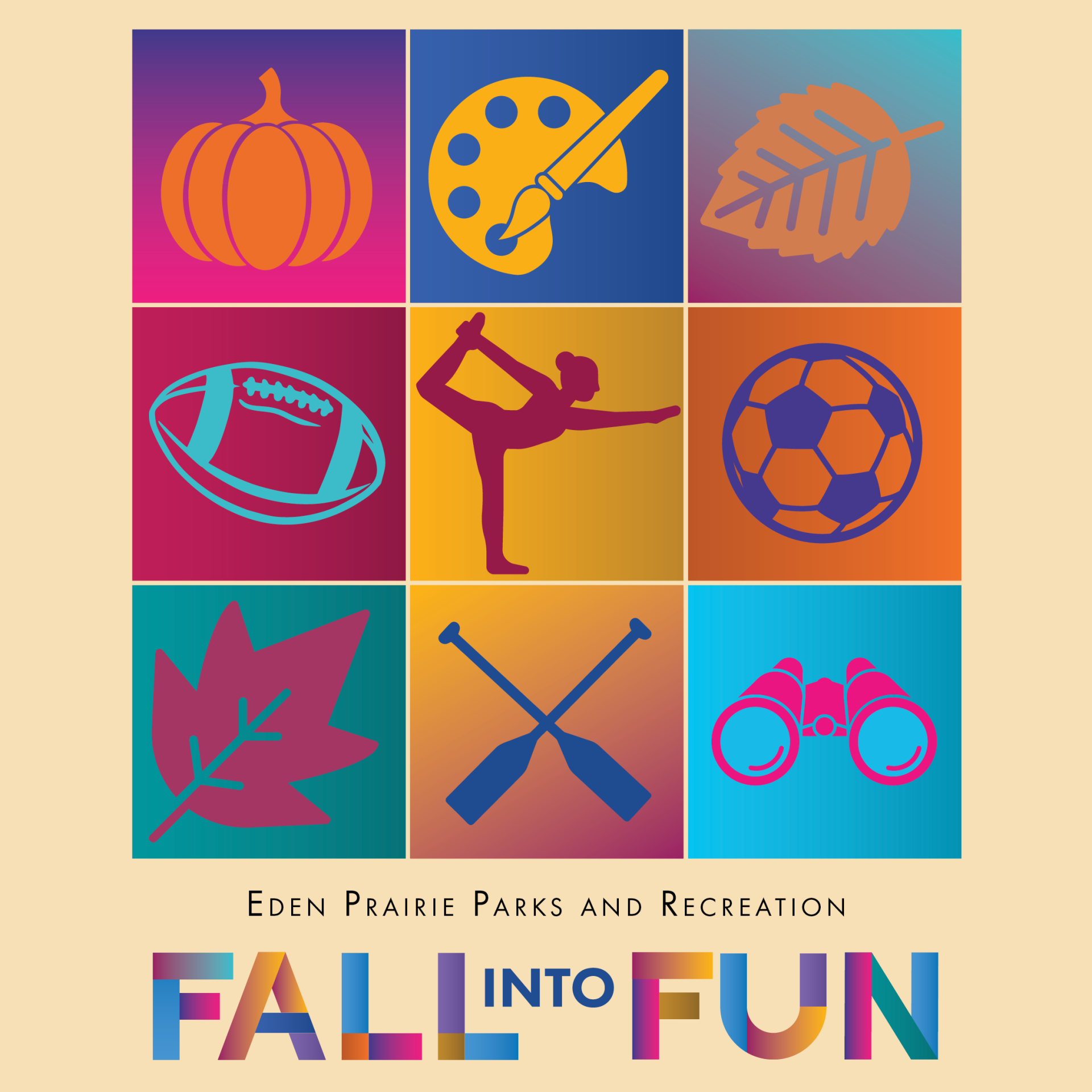 Parks and Recreation Fall Into Fun graphic featuring various activities represented by icons