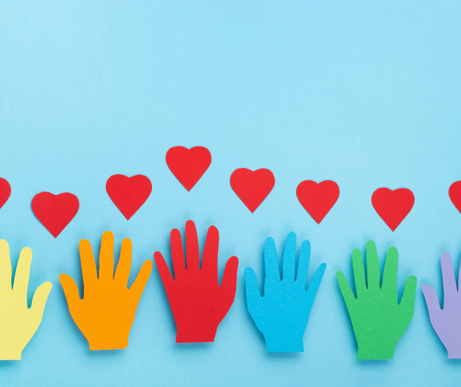 Day of giving graphic featuring cut out paper hands and hearts