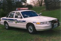 Blue and white squad car used in the 1980s.